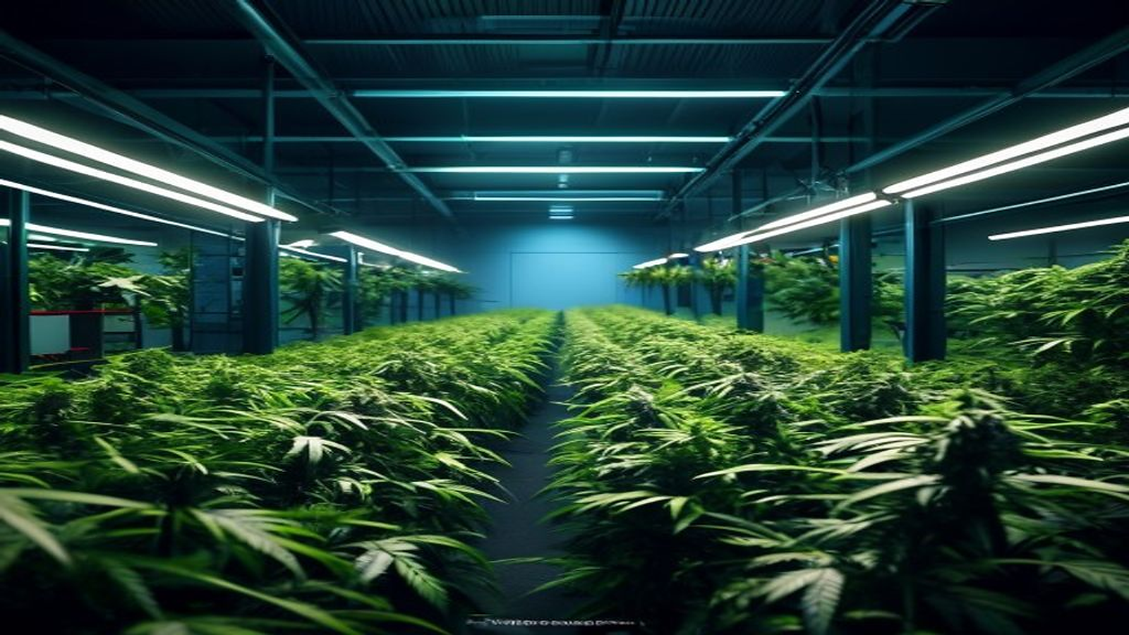 A clean controlled-environment cultivation room with orderly crop rows, irrigation infrastructure, sensor equipment, and cool inspection light across the canopy.