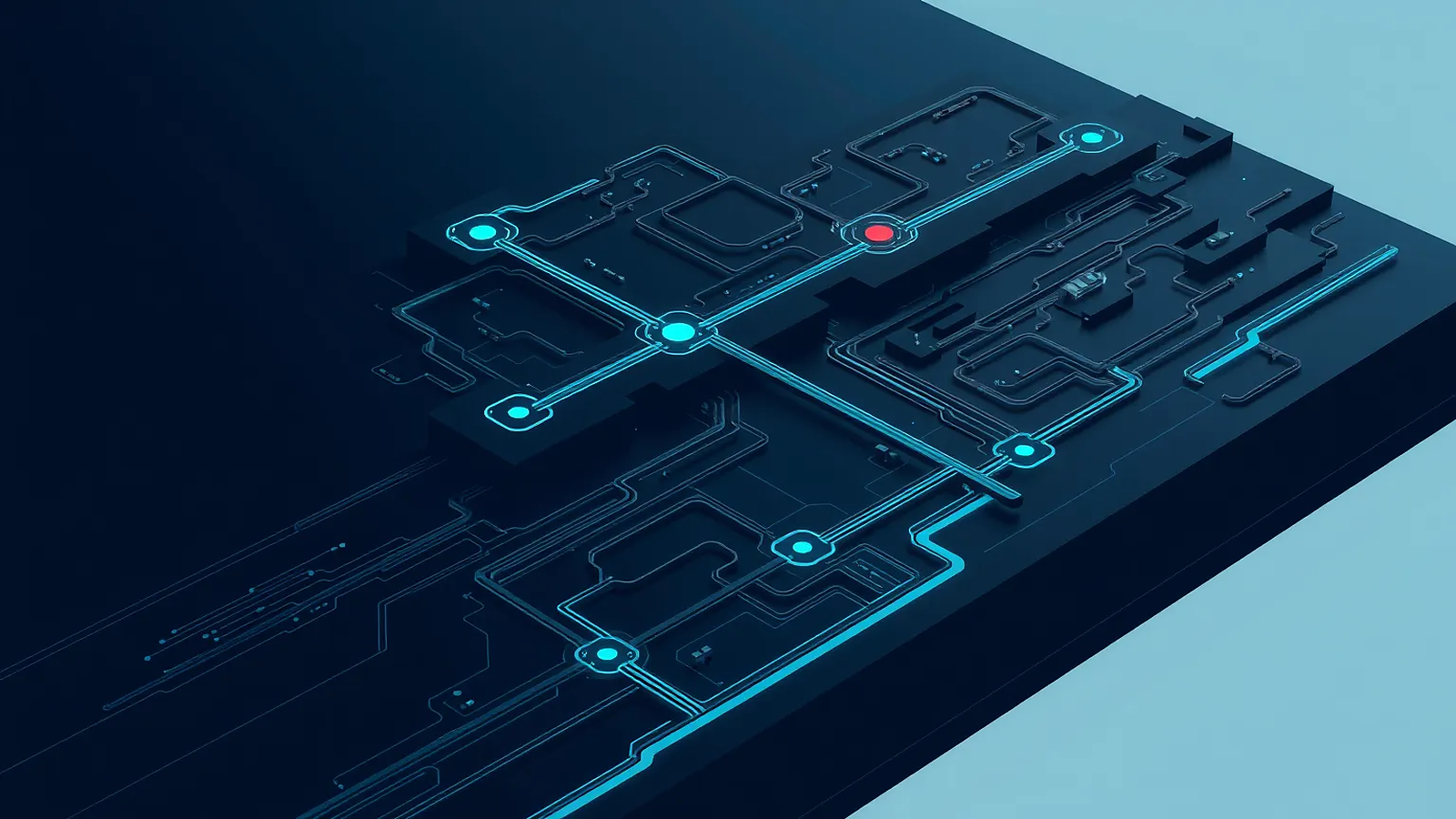 A luminous cyan route traverses a dark layered repository terrain through localized evidence checkpoints.