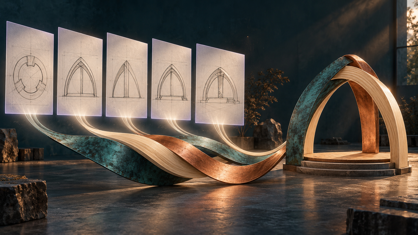 Five translucent architectural studies flow into three intertwined teal, copper and wood ribbons that form a finished pavilion.