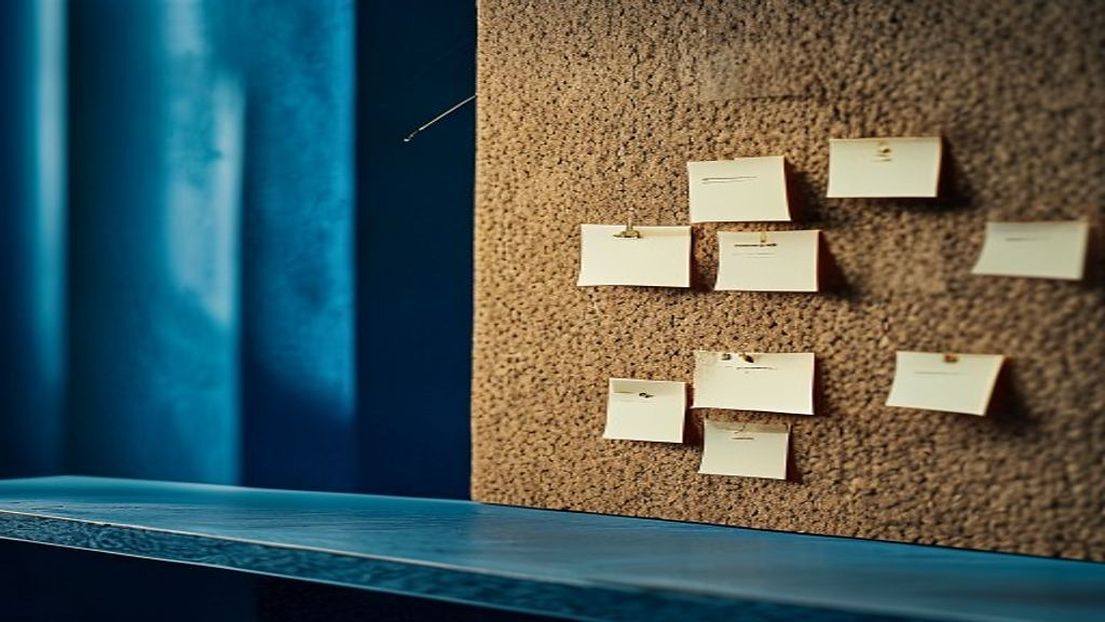 A sparse tactile corkboard holds a few blank notes; one note is gently illuminated by a contextual cue while the others remain quiet.