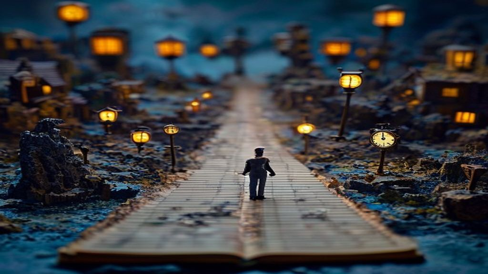 A handcrafted player token stands at a branching tabletop path while several possible scenes and their consequences reshape a miniature world and blank campaign ledger.