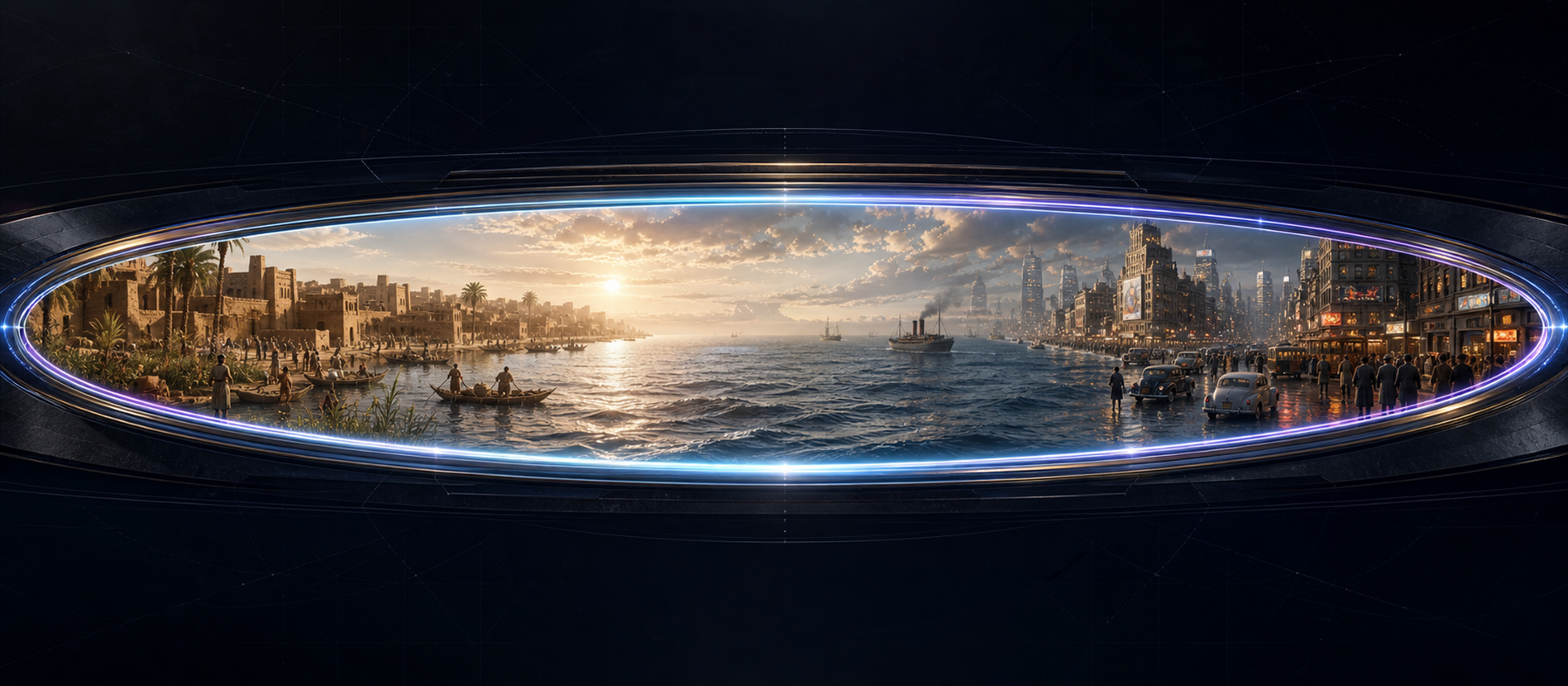 OmniView aperture spanning an ancient river city, open ocean, and an electric twentieth-century street.