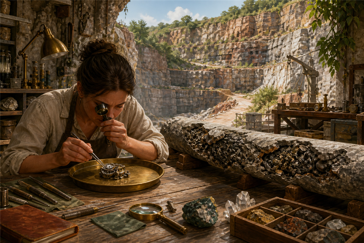 An analyst in a quarry assay workshop isolates one useful mechanism from a rock core full of tangled machinery.