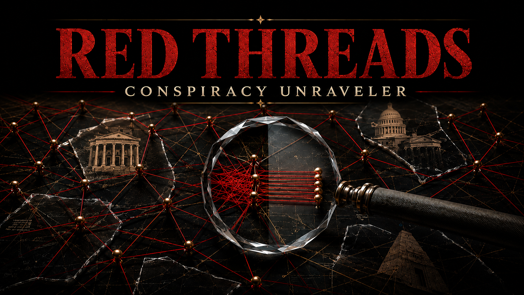 RED THREADS — Conspiracy Unraveler. A magnifying glass reveals a network of red connections linking institutions on a dark map.