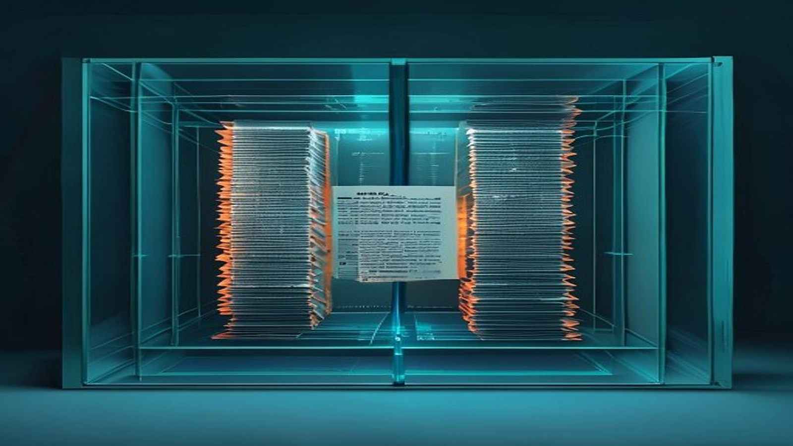A bounded archive of translucent source slabs is searched by a precise cyan beam and independently crossed by an amber review beam while source threads remain visible.
